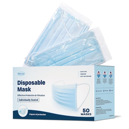 Wecare Disposable Face Mask, 3, Blue, Universal, 50 PK WMN100003